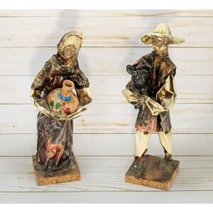 Vintage Mexican Paper Mache Figures Man & Woman Folk Art